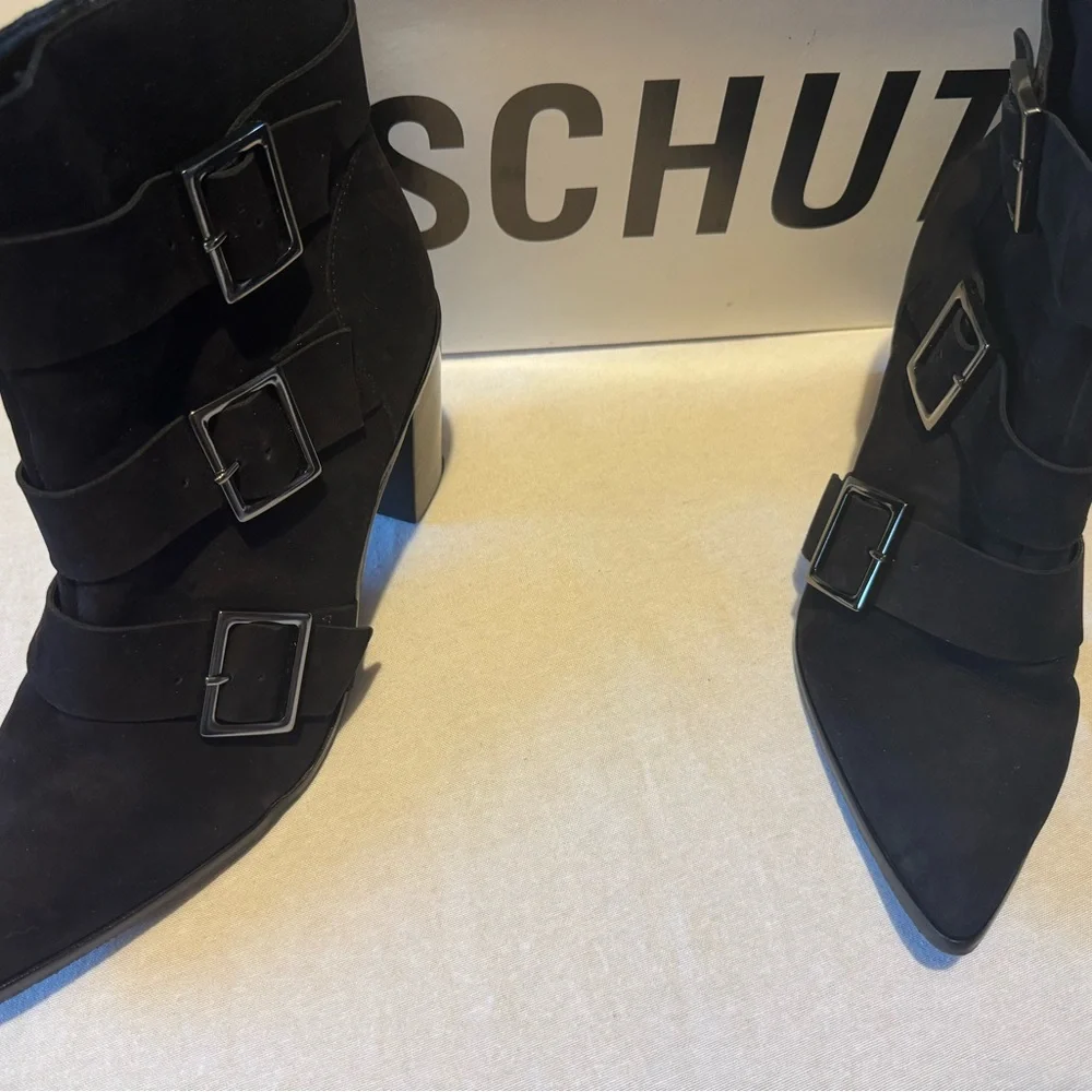 SCHUTZ w 8.5 Black Suede Ankle Boots with Buckles, Block‎ Heel, Pointed Toe - Picture 2 of 13